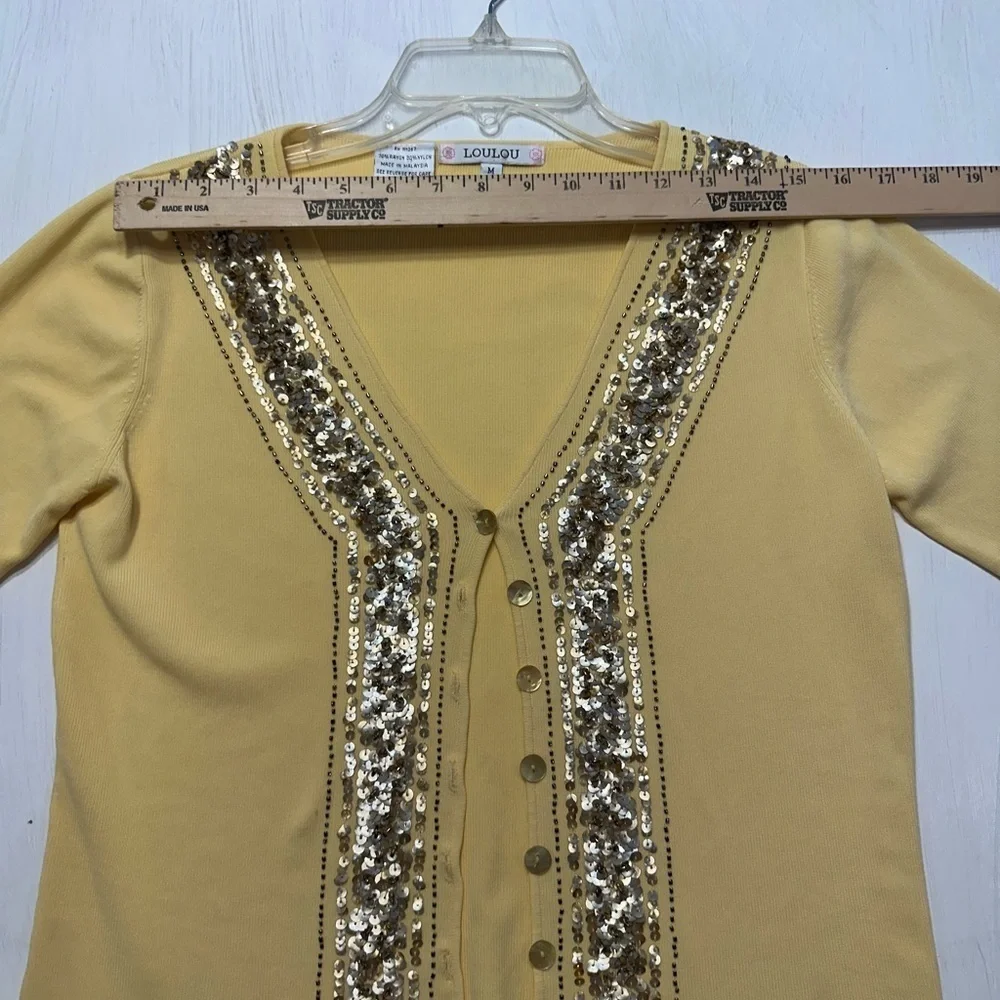 LOULOU Yellow Cardigan Sweater M Sequin Beaded Embellished Button Front